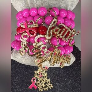 5 Stacked Inspiring F*ck Cancer Bold Pink Beaded Charm Bracelets